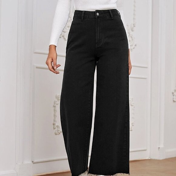 Black Casual Womens High Waist Wide Leg Jeans - Picture 5 of 5